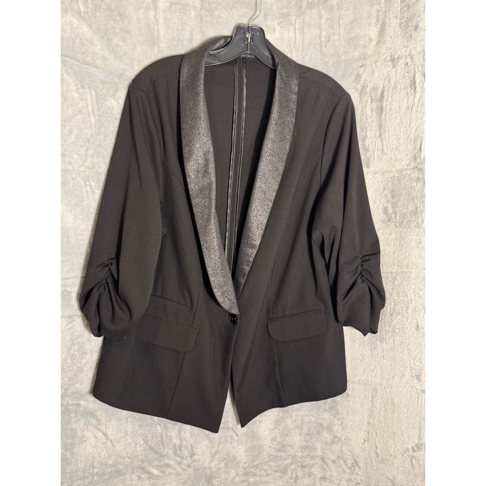Maurices Black Blazer Metallic Shawl Collar Ruched 3/4 Sleeve Size 2 18w-20w